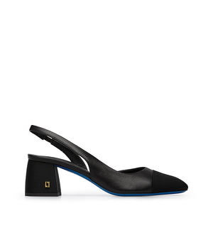 Slingback in nappa e tessuto gros grain nero con placca-logo