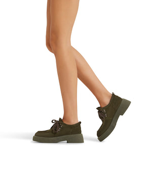 Military green velour lace-up shoes