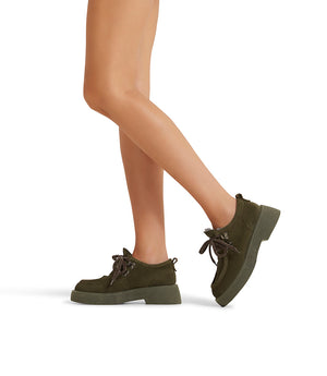 Military green velour fur lined lace-up shoes
