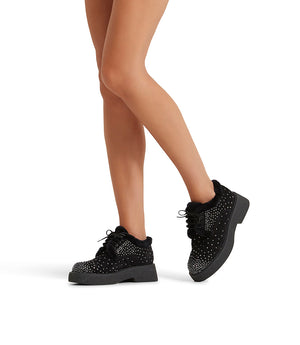 Studded black velour and fur lace-up shoes