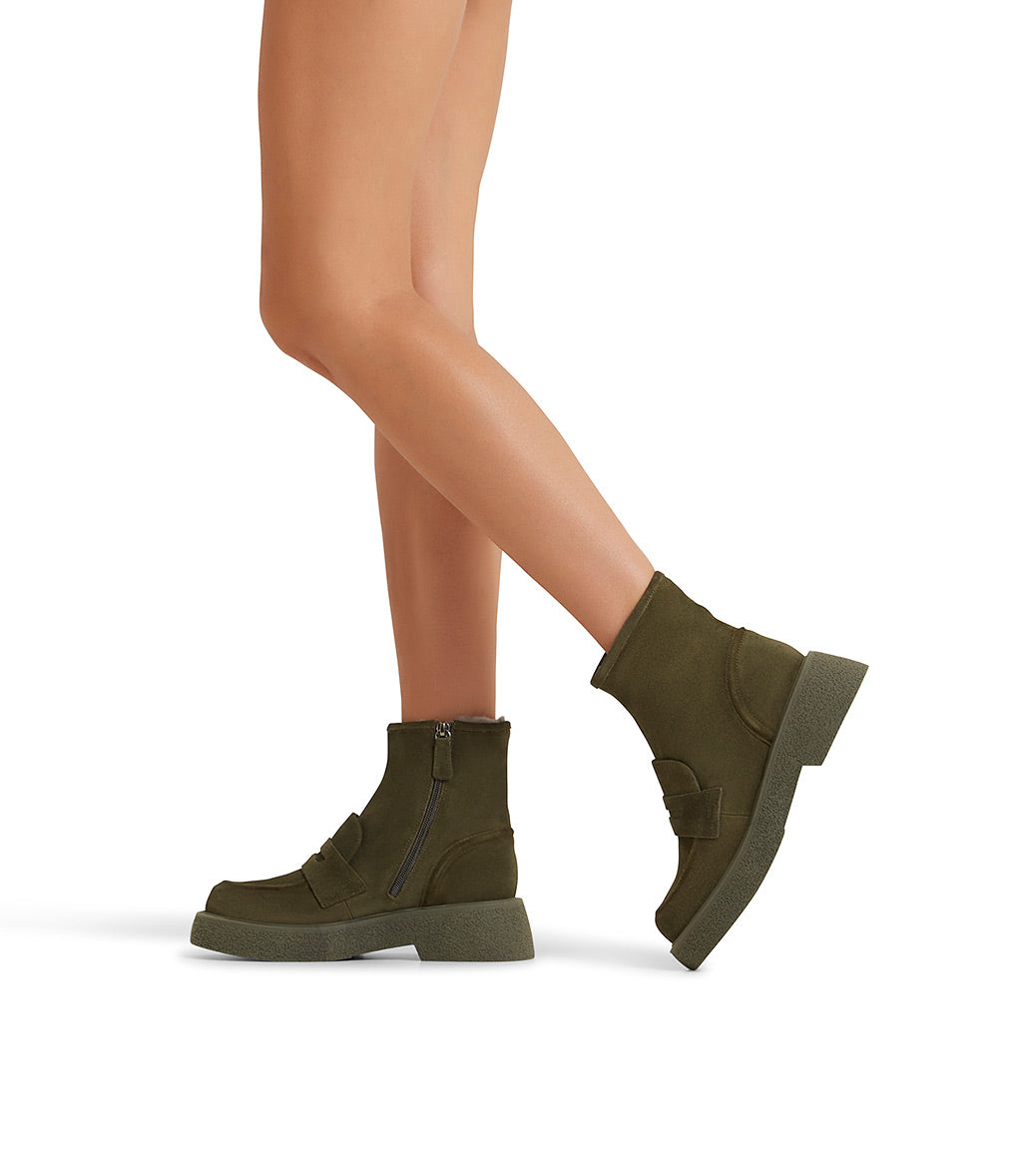 Shearling lined green suede ankle boots
