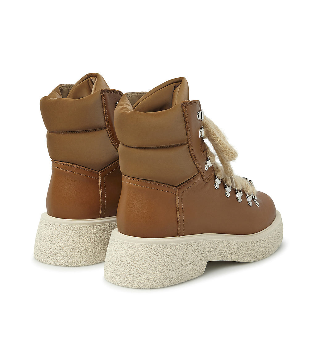 Tan padded nylon and leather ankle boots