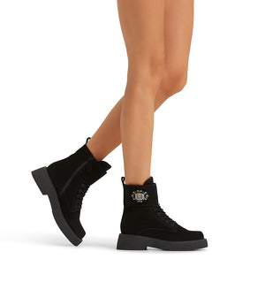 Jewel-buckle black velour ankle boots