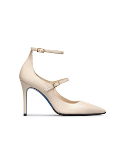 Shiny sand leather double strap pumps