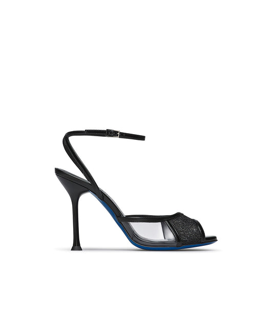 Black patent leather sandals with tricot and plexi details 