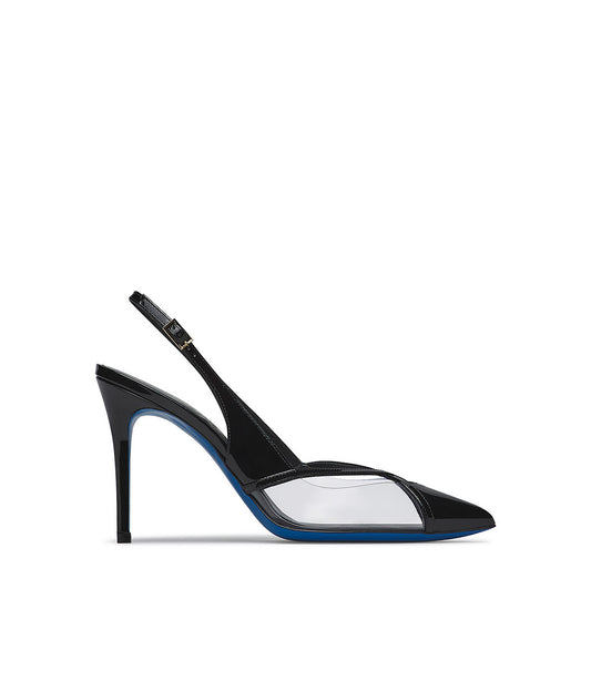 Black patent leather and plexi slingbacks