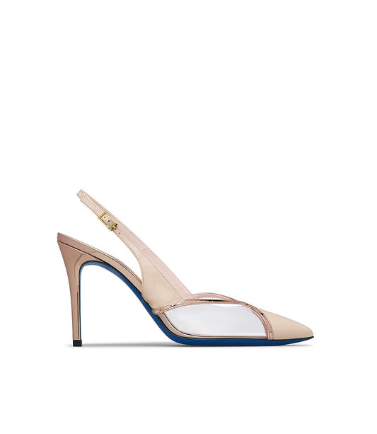 Cream-tone leather and plexi slingbacks