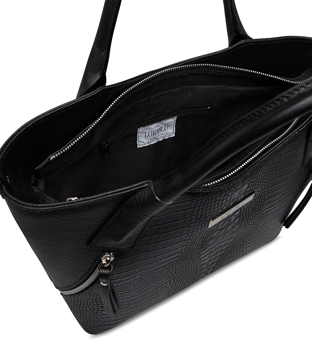 Black embossed texture leather tote bag