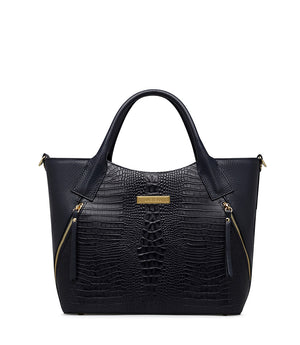 Dark blue embossed texture leather tote bag