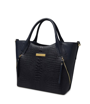 Dark blue embossed texture leather tote bag