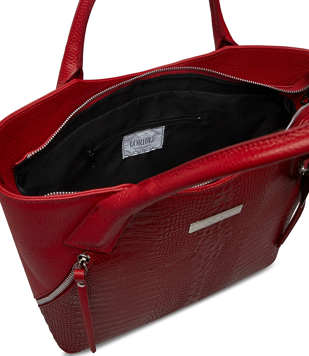 Burgundy embossed texture leather tote bag