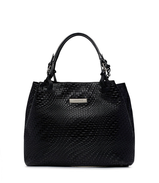 Black woven leather tote bag