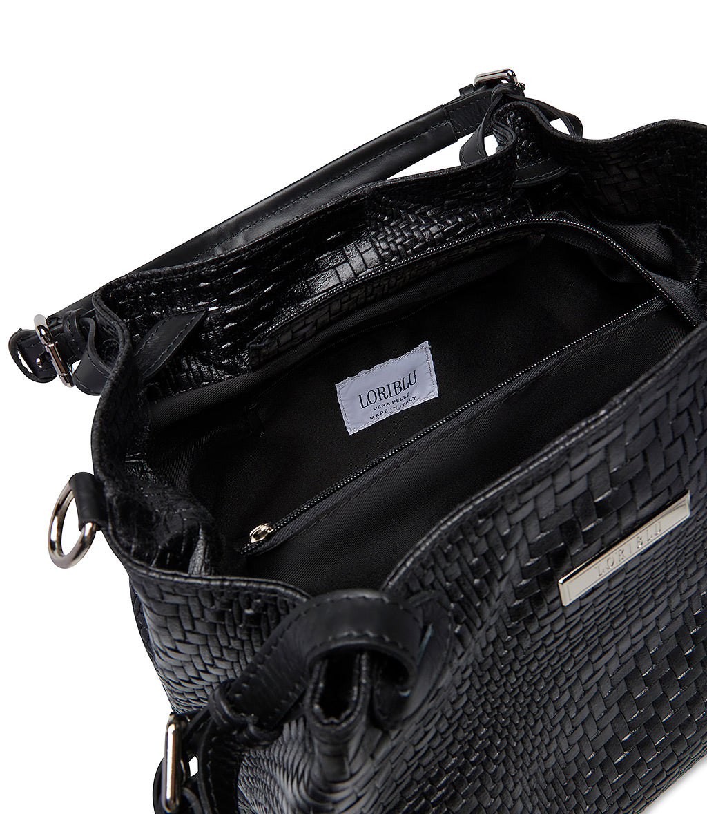 Black woven leather tote bag