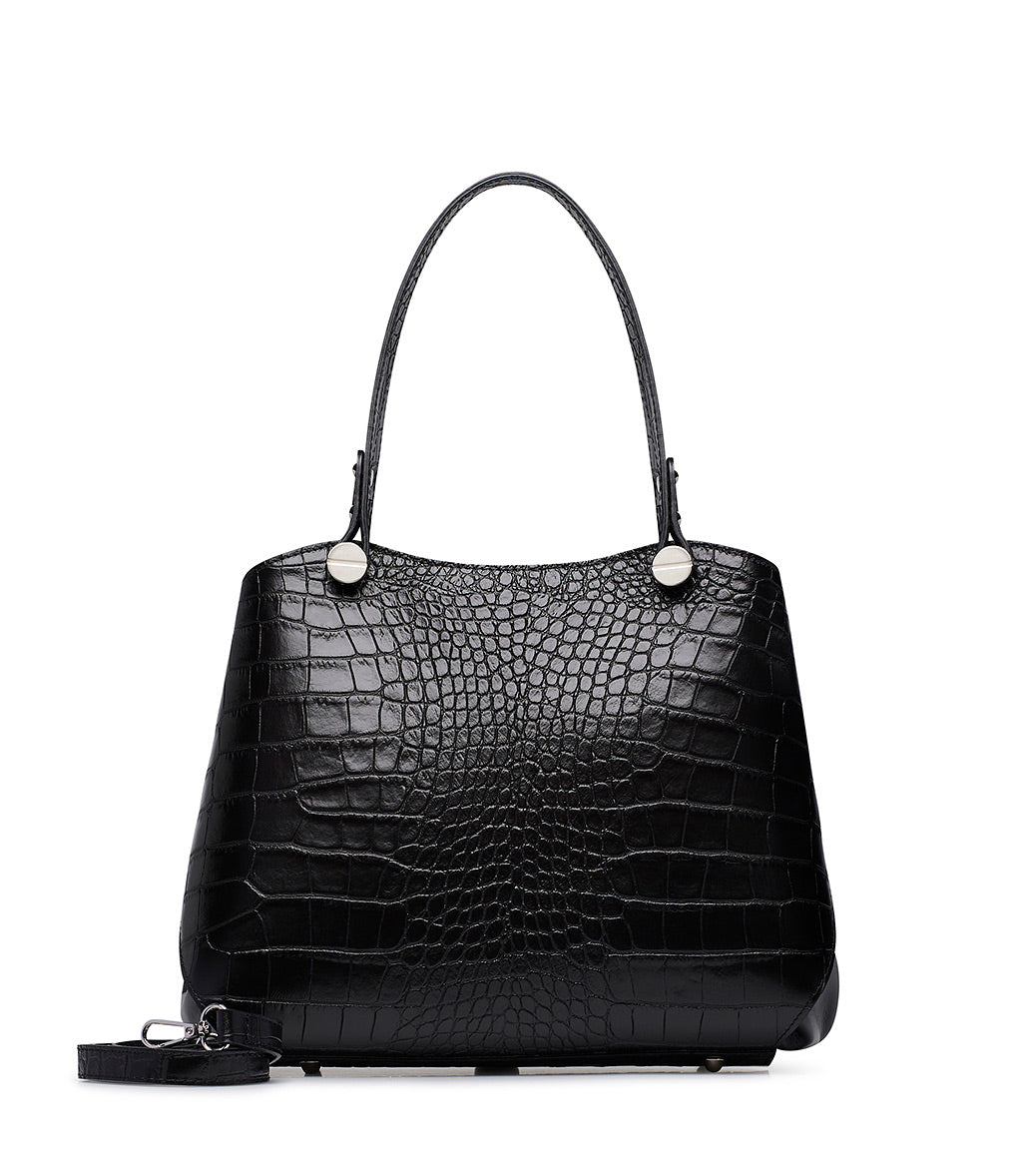 Black embossed texture leather tote bag