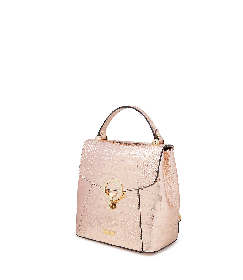 Pink laminated printed leather hand bag