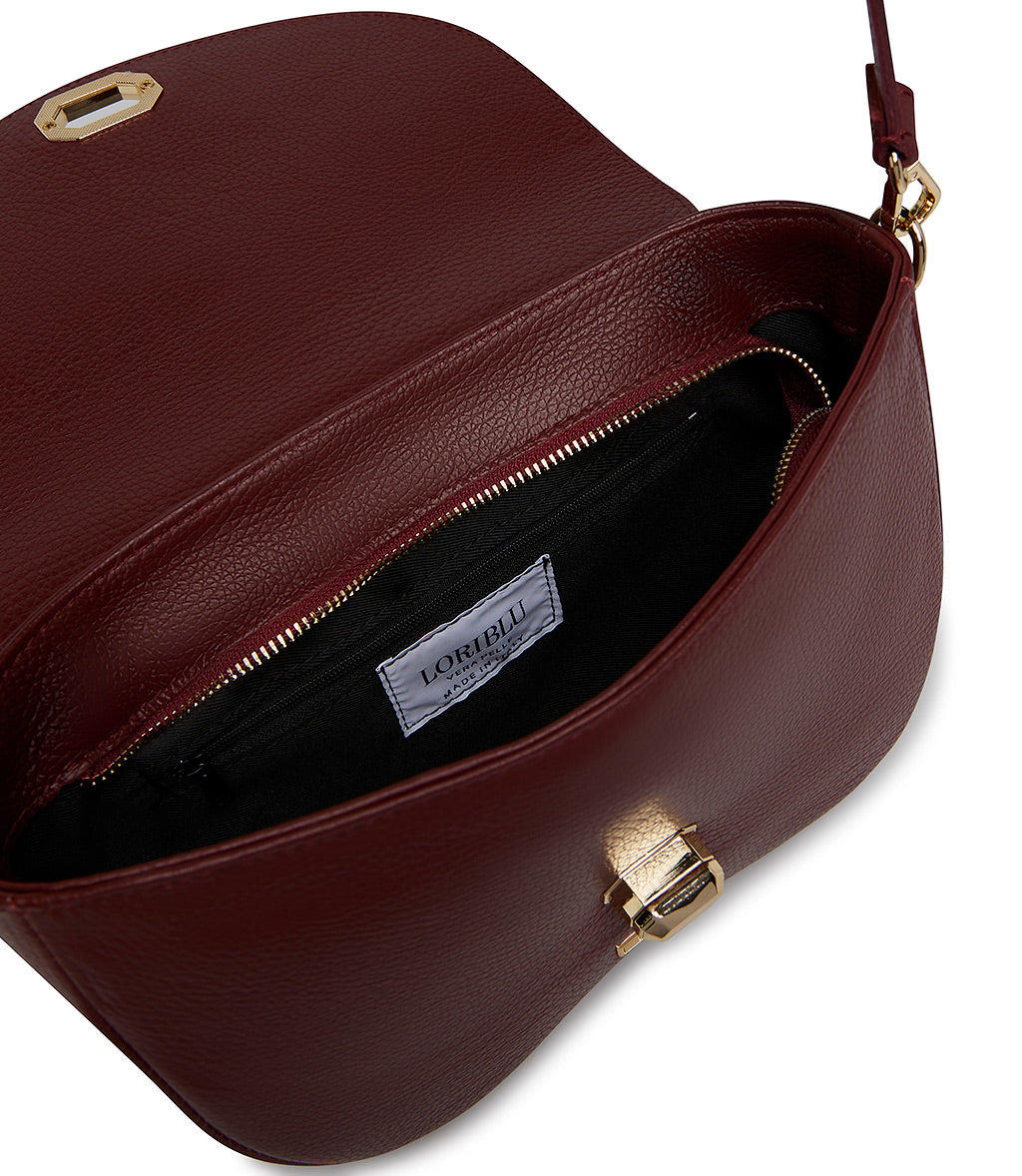 Textured dark red leather crossbody bag