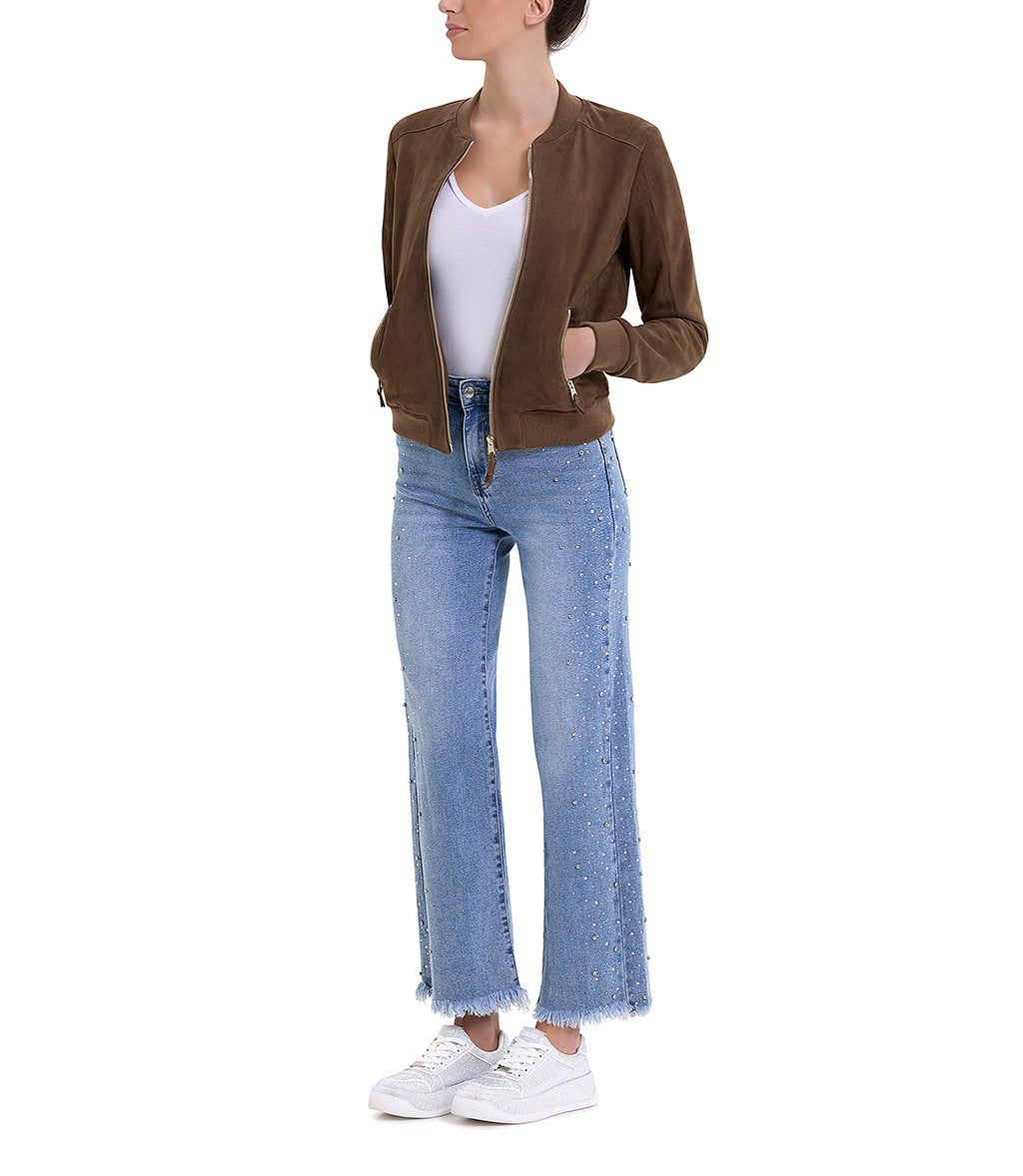 Giacca bomber in pelle scamosciata marrone cognac
