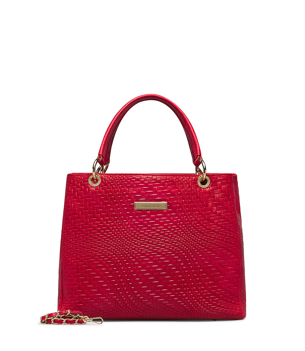 Red raffia tote bag with gold metal details | Loriblu