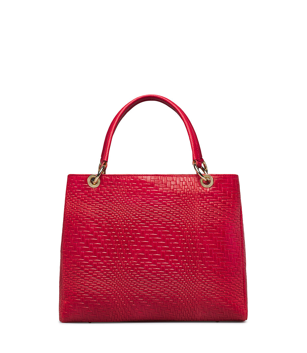 Red raffia tote bag with gold metal details | Loriblu