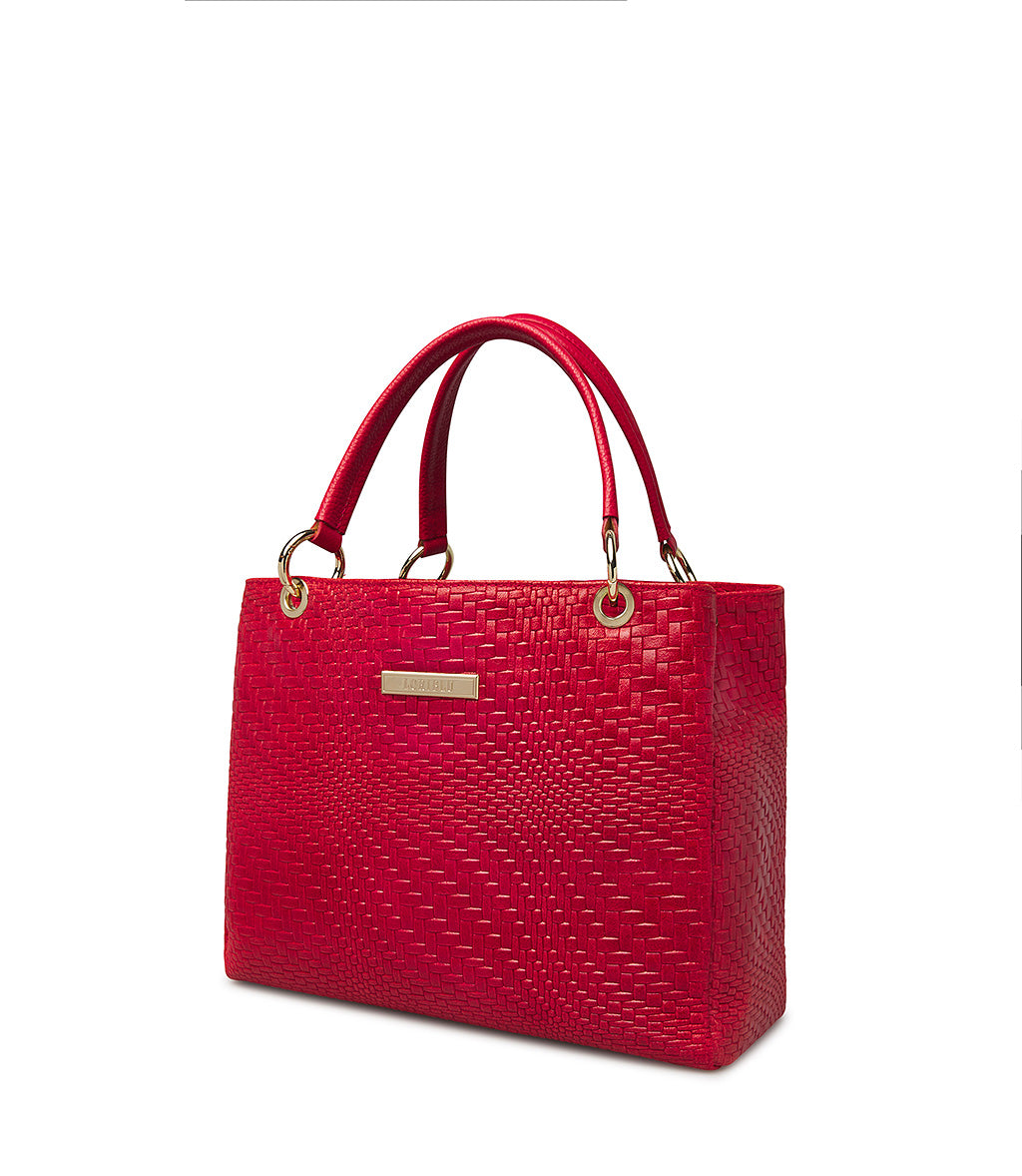 Red raffia tote bag with gold metal details | Loriblu