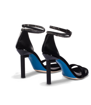 L-heel black faux leather jewel sandals