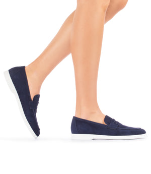 Navy blue suede penny loafers